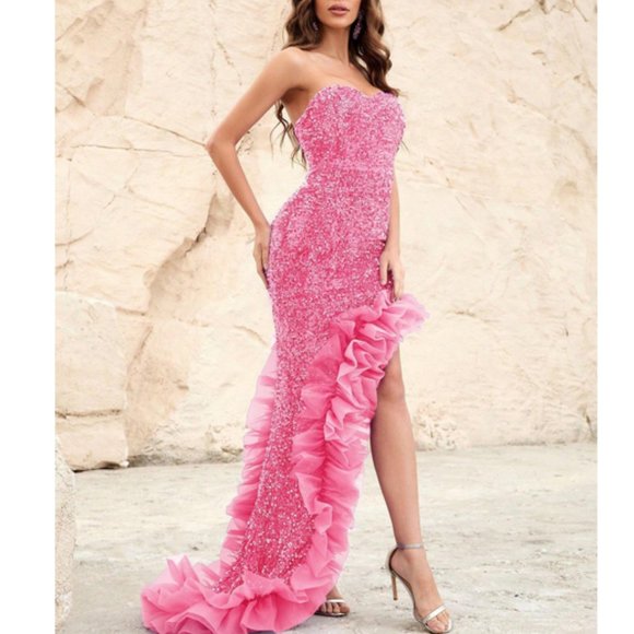 MODA ME COUTURE Dresses & Skirts - Glam Barbie Ruffle Trim Split Thigh Sequin Tube Formal Dress Pink